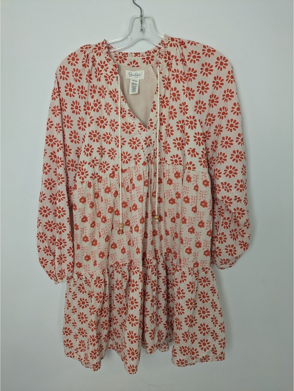 Jessica Simpson Floral Tiered Mini Dress Cotton Boho Peasant Tassel Smock Medium